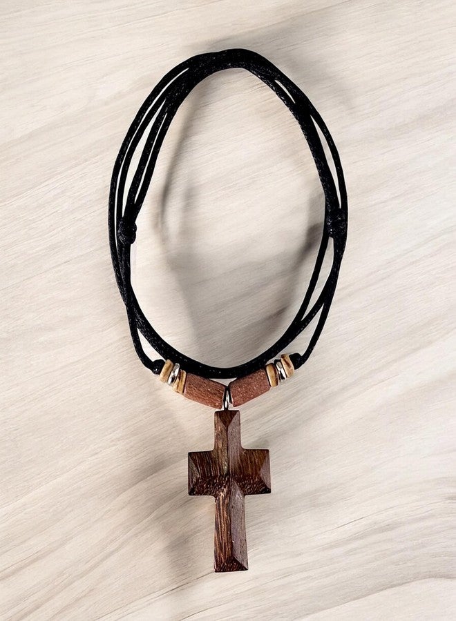BlueRica Hand Carved Wood Cross on Adjustable Black Cord Necklace - Image 3