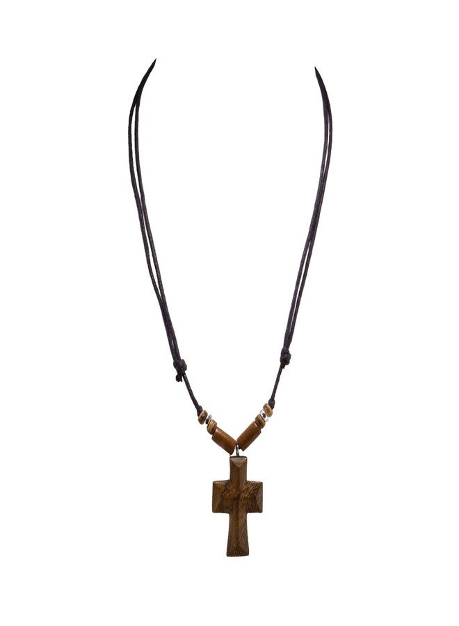 BlueRica Hand Carved Wood Cross on Adjustable Black Cord Necklace - Image 2