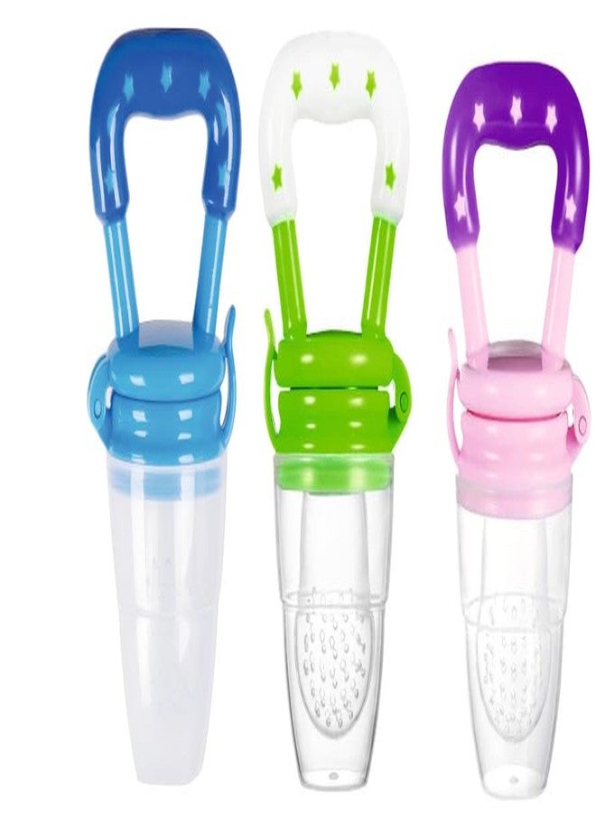 ROFORUF Silicone Fruit and Food Baby Feeder/Squeezer/Pacifier/Nibbler Feeder for Fruit and Veggie with Easy Grip Handle, Pacifier Feeder for New Born Baby 3-12 Months (Pack of 3) (Pink,Blue & Green) - Image 1