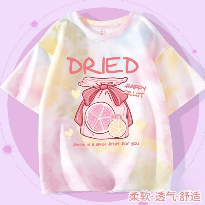 Girls' Short-Sleeved T-Shirt, Kidsren'S 2026 New Summer Fashion, Stylish Tie-Dye Popular Ice Silk T-Shirt For Older Kids - Image 1
