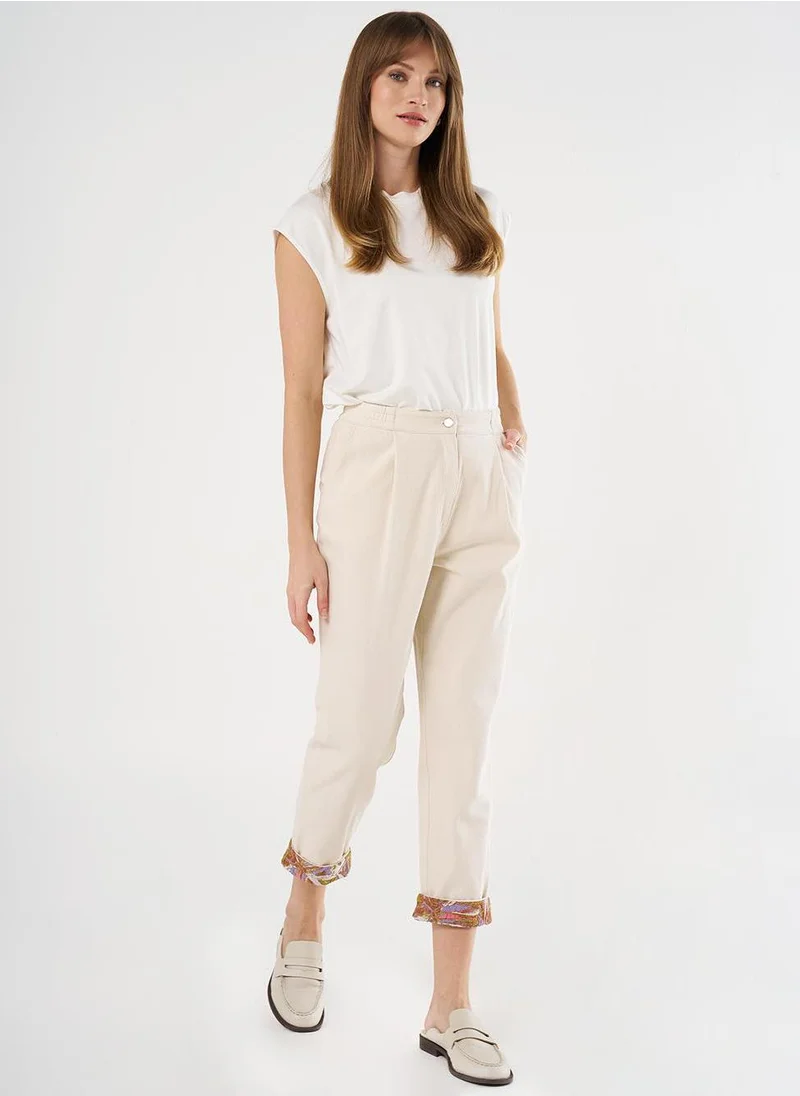 Kayra Denim Pants with Fabric Detailed Cuffs Cream