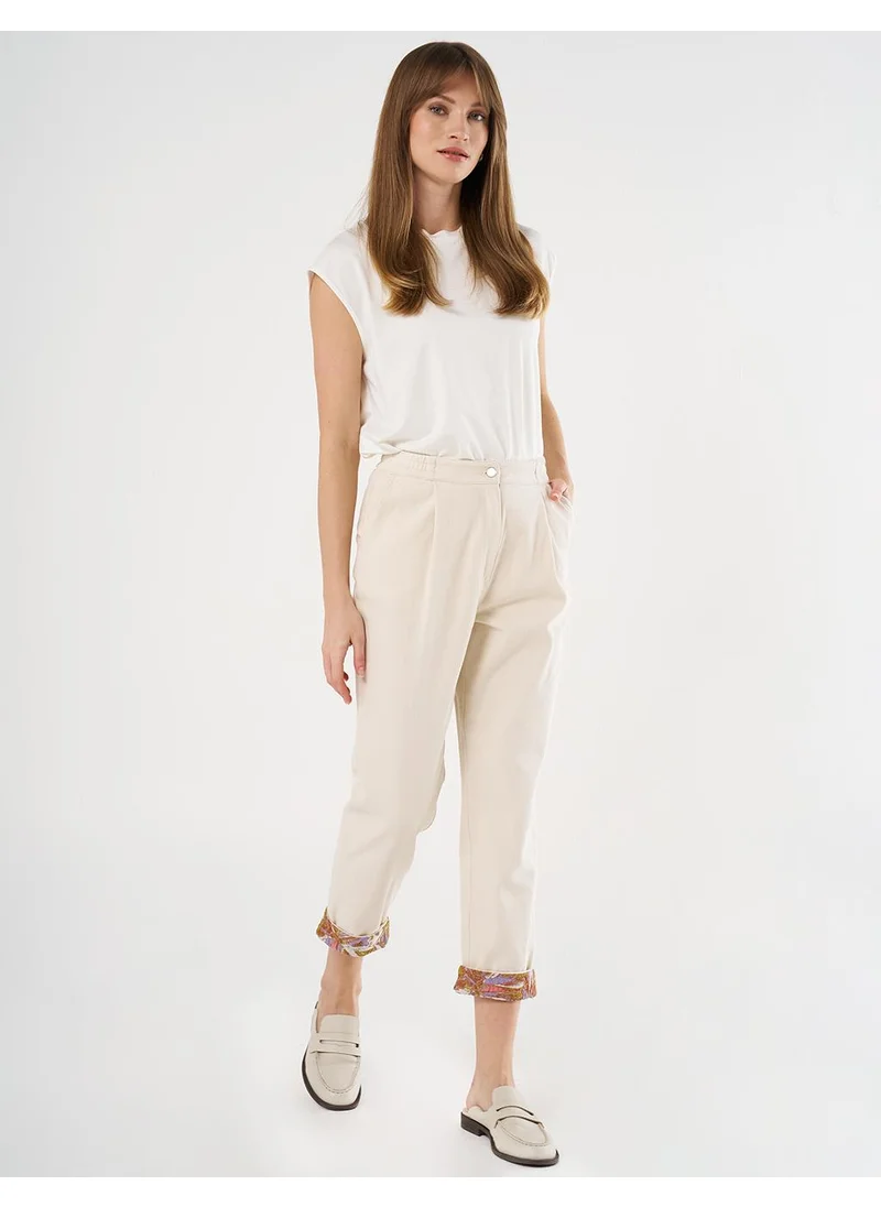 Kayra Denim Pants with Fabric Detailed Cuffs Cream