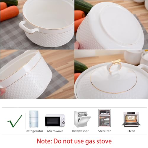 LAAMMIAM White Soup Tureen with Gold Design,Double Handle Soup Serving Bowl with Lid and Ladle Bone China Tableware,3.2L - Image 4