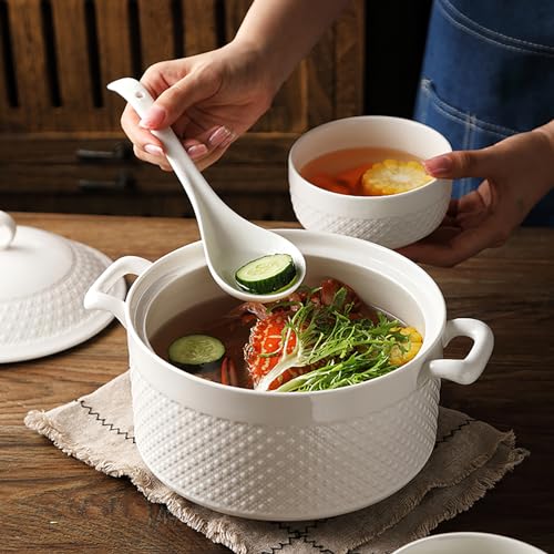 LAAMMIAM White Soup Tureen with Gold Design,Double Handle Soup Serving Bowl with Lid and Ladle Bone China Tableware,3.2L - Image 3