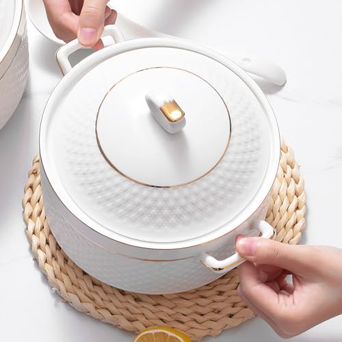 LAAMMIAM White Soup Tureen with Gold Design,Double Handle Soup Serving Bowl with Lid and Ladle Bone China Tableware,3.2L - Image 2