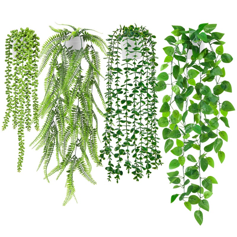 Der Rose 4Pcs Fake Plants Hanging Artificial Ivy Vine Faux Eucalyptus Hanging Plants Boston Fern String of Pearls for Living Room Bedroom Boho Wall Shelf Indoor Outdoor Decor White Pots