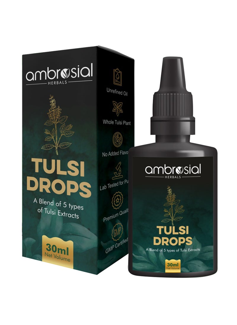 ambrosial Tulsi Drops Concentrated Extract of 5 Rare Tulsi High strength ark drops 100% Natural Immunity Booster Relieves Cough & Cold30 ml  - Image 1