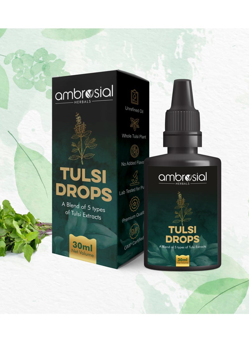ambrosial Tulsi Drops Concentrated Extract of 5 Rare Tulsi High strength ark drops 100% Natural Immunity Booster Relieves Cough & Cold30 ml  - Image 2