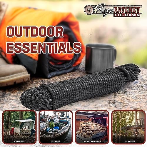 Rope Ratchet 1/8" 50 ft Braided Polyester Utility Cord, Weather Resistant Indoor Outdoor for Gardening, DIY Projects, Securing Loads, Binding, Knot Tying, Tarp Use, 75 lb Capacity - Black - Image 2