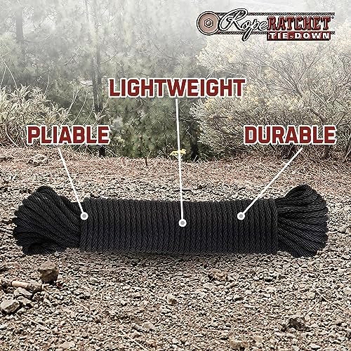 Rope Ratchet 1/8" 50 ft Braided Polyester Utility Cord, Weather Resistant Indoor Outdoor for Gardening, DIY Projects, Securing Loads, Binding, Knot Tying, Tarp Use, 75 lb Capacity - Black - Image 3