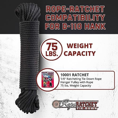 Rope Ratchet 1/8" 50 ft Braided Polyester Utility Cord, Weather Resistant Indoor Outdoor for Gardening, DIY Projects, Securing Loads, Binding, Knot Tying, Tarp Use, 75 lb Capacity - Black - Image 4