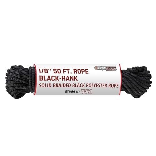 Rope Ratchet 1/8" 50 ft Braided Polyester Utility Cord, Weather Resistant Indoor Outdoor for Gardening, DIY Projects, Securing Loads, Binding, Knot Tying, Tarp Use, 75 lb Capacity - Black - Image 1