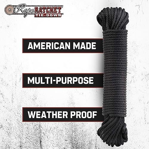 Rope Ratchet 1/8" 50 ft Braided Polyester Utility Cord, Weather Resistant Indoor Outdoor for Gardening, DIY Projects, Securing Loads, Binding, Knot Tying, Tarp Use, 75 lb Capacity - Black - Image 5