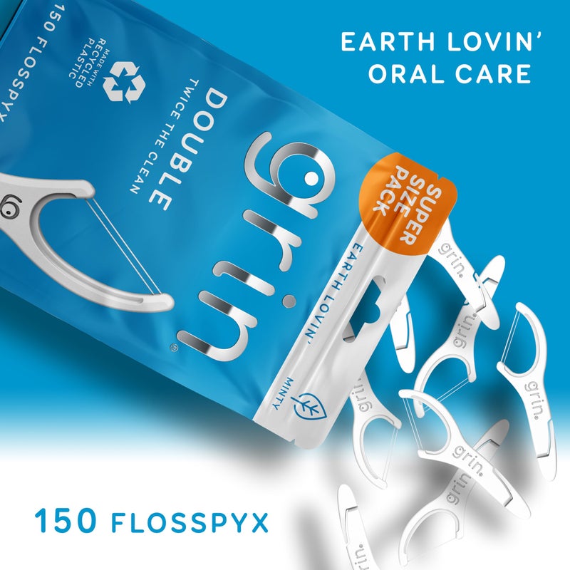 GRIN Double Flosspyx, Floss Picks, 150 ct, Dental Flossers, Minty Flavor, Recycled Plastic, 2 Lines of Strong Floss, Longer Floss Head, Traps Food and Plaque, Includes Safe Soft Fold-Back Tooth Pick - Image 2