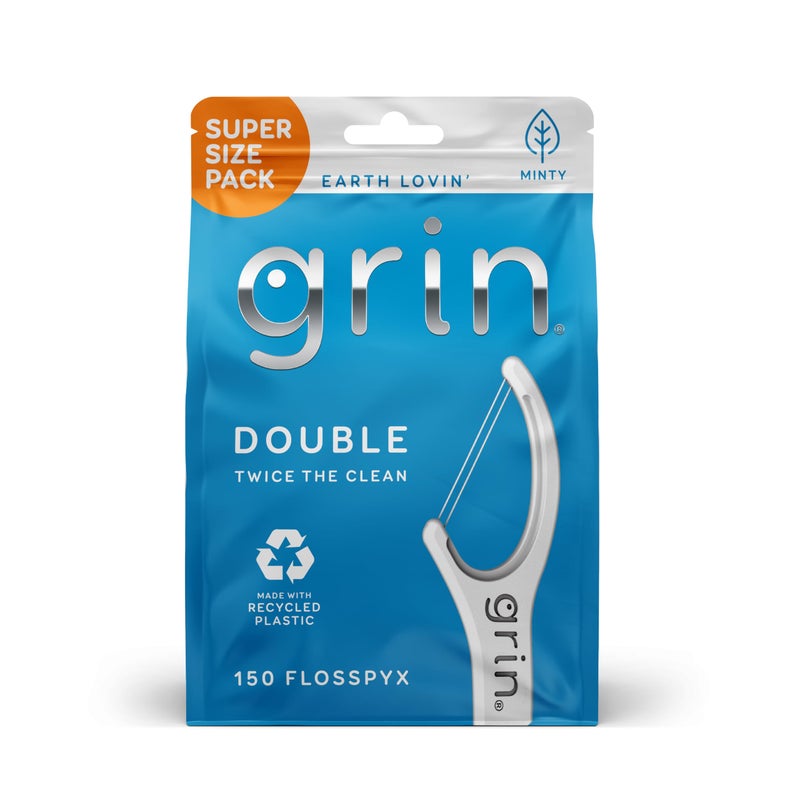 GRIN Double Flosspyx, Floss Picks, 150 ct, Dental Flossers, Minty Flavor, Recycled Plastic, 2 Lines of Strong Floss, Longer Floss Head, Traps Food and Plaque, Includes Safe Soft Fold-Back Tooth Pick - Image 1