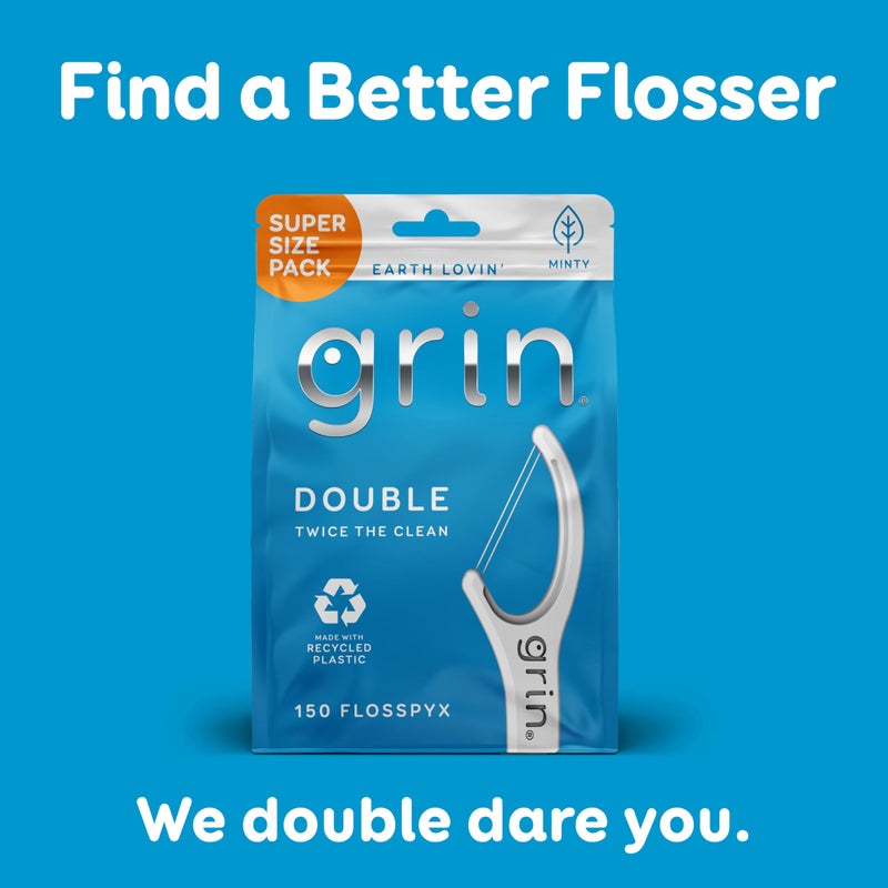 GRIN Double Flosspyx, Floss Picks, 150 ct, Dental Flossers, Minty Flavor, Recycled Plastic, 2 Lines of Strong Floss, Longer Floss Head, Traps Food and Plaque, Includes Safe Soft Fold-Back Tooth Pick - Image 4