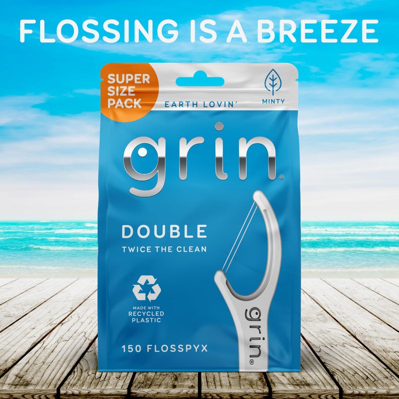 GRIN Double Flosspyx, Floss Picks, 150 ct, Dental Flossers, Minty Flavor, Recycled Plastic, 2 Lines of Strong Floss, Longer Floss Head, Traps Food and Plaque, Includes Safe Soft Fold-Back Tooth Pick - Image 5