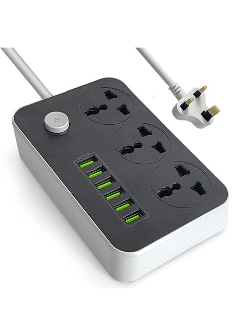 Power Strips Extension Cord 3 Outlets, Power Socket with 6 USB Ports Universal Charging Socket with 2M Bold Extension Cord