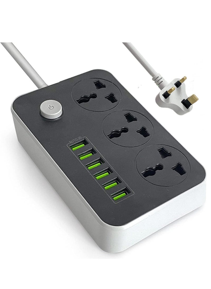 BGM Power Strips Extension Cord 3 Outlets, Power Socket with 6 USB Ports Universal Charging Socket with 2M Bold Extension Cord  - Image 1