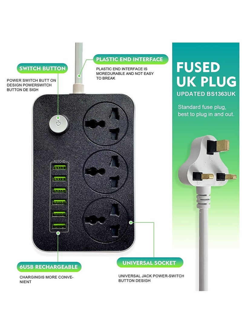 BGM Power Strips Extension Cord 3 Outlets, Power Socket with 6 USB Ports Universal Charging Socket with 2M Bold Extension Cord  - Image 3