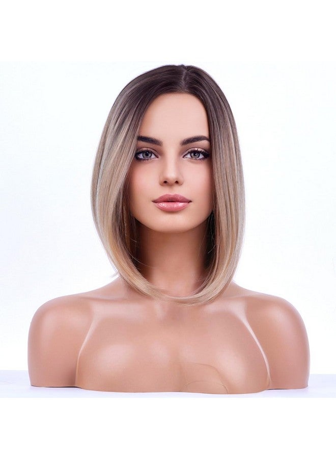 RightOn Beron 15'' Short Straight Dark Roots Ombre Blonde Bob Wigs Side Part Wig With No Bangs Wig Cap Included (Brown Ombre Blonde) - Image 1