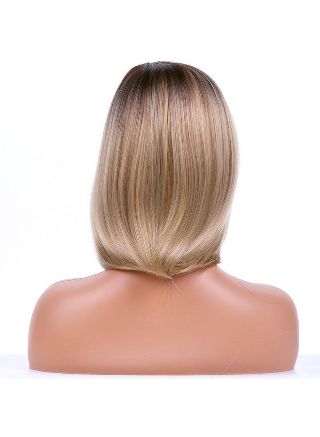 RightOn Beron 15'' Short Straight Dark Roots Ombre Blonde Bob Wigs Side Part Wig With No Bangs Wig Cap Included (Brown Ombre Blonde) - Image 4