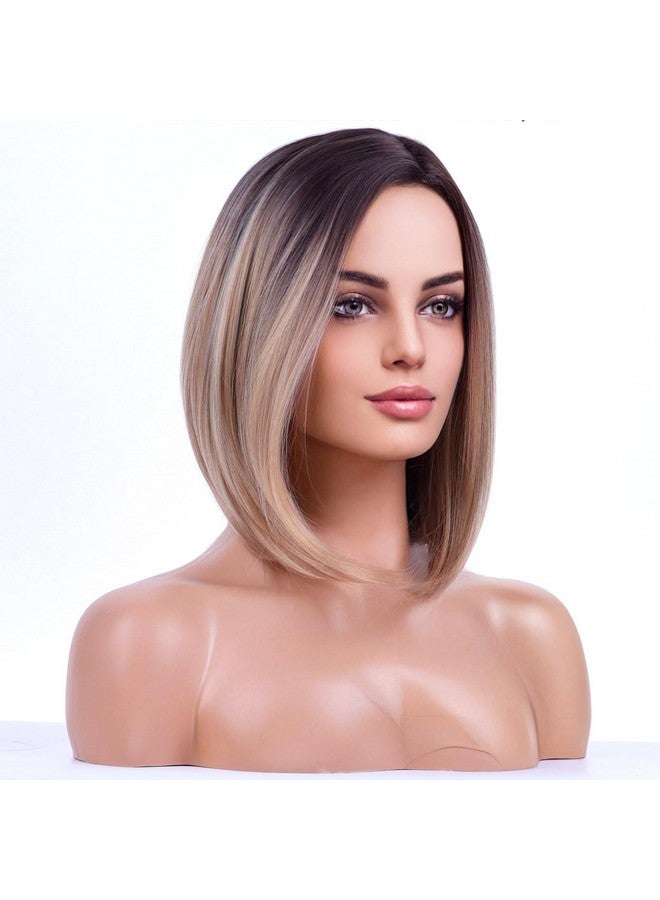 RightOn Beron 15'' Short Straight Dark Roots Ombre Blonde Bob Wigs Side Part Wig With No Bangs Wig Cap Included (Brown Ombre Blonde) - Image 2