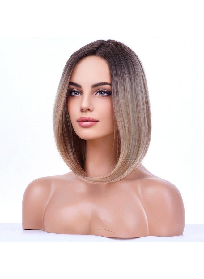 RightOn Beron 15'' Short Straight Dark Roots Ombre Blonde Bob Wigs Side Part Wig With No Bangs Wig Cap Included (Brown Ombre Blonde) - Image 3