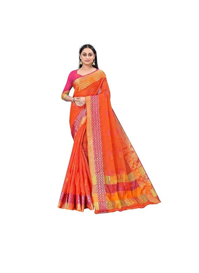 Accessorize Kingdom - Women's Embroidered Cotton Linen Silver Zari Patta Saree With Unstitched Blouse Piece - Image 1