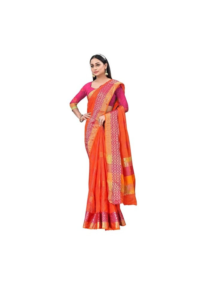Accessorize Kingdom - Women's Embroidered Cotton Linen Silver Zari Patta Saree With Unstitched Blouse Piece - Image 1