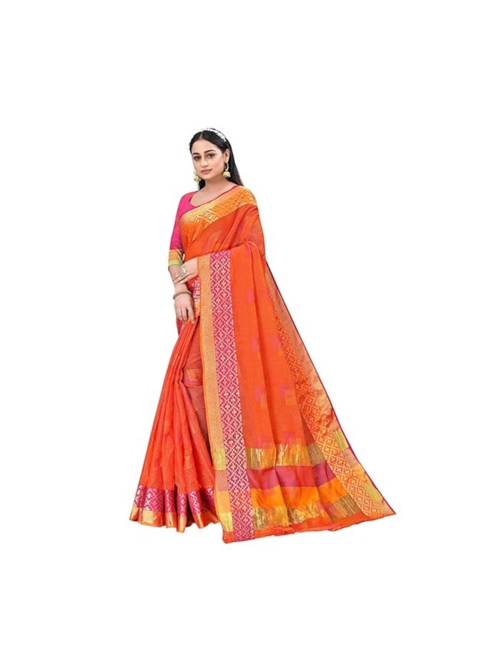 Accessorize Kingdom - Women's Embroidered Cotton Linen Silver Zari Patta Saree With Unstitched Blouse Piece - Image 1