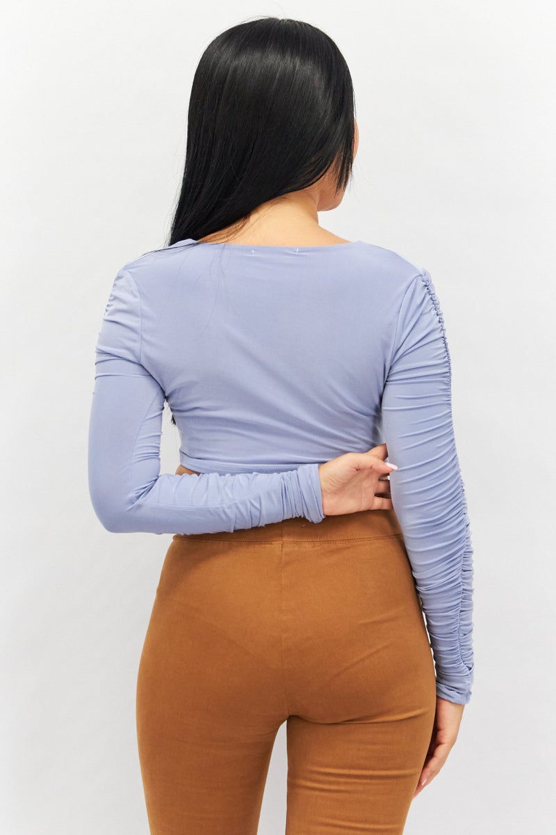 Missguided Women V Neck Long Sleeve Solid Top, Blue - Image 3