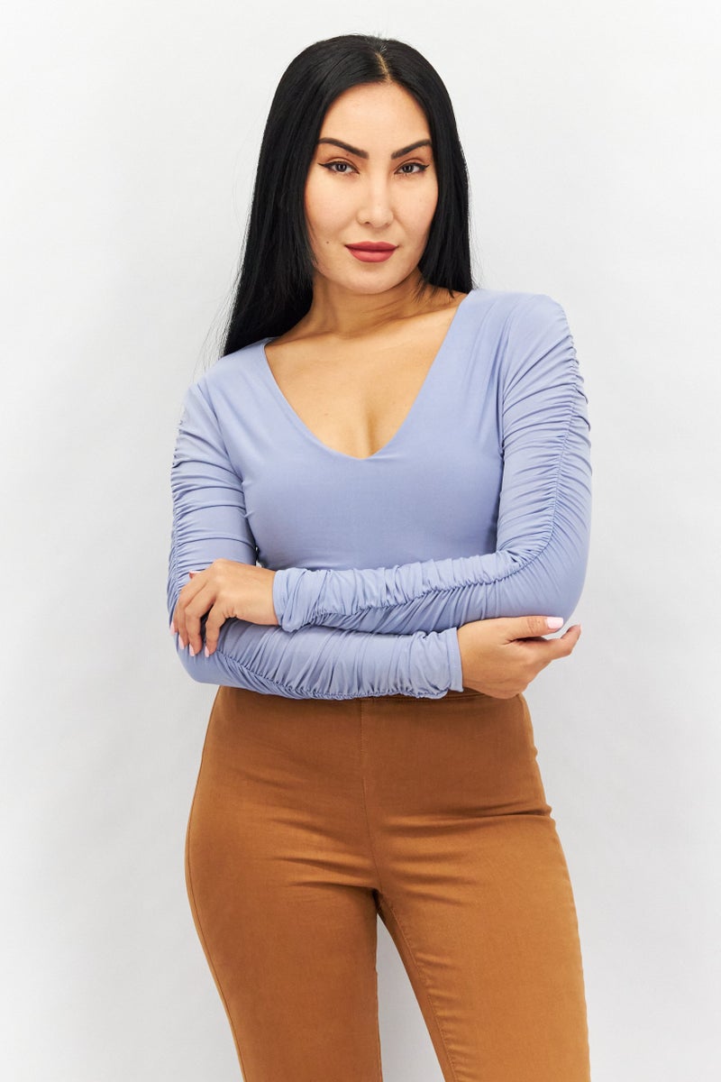 Missguided Women V Neck Long Sleeve Solid Top, Blue - Image 1