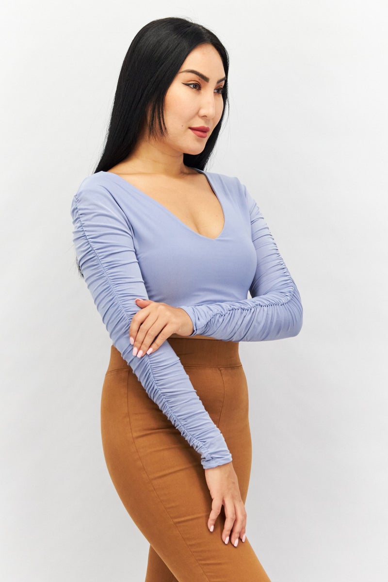 Missguided Women V Neck Long Sleeve Solid Top, Blue - Image 2