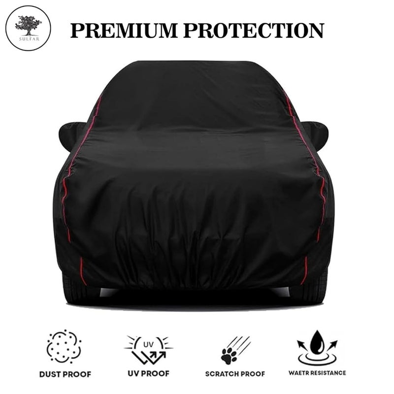 sulfar 100% Water Resistant Car Body Cover Compatible with Mirror for Kia Seltos (Triple Stitched, Full Bottom Elastic, Black with Red Piping) - Image 3