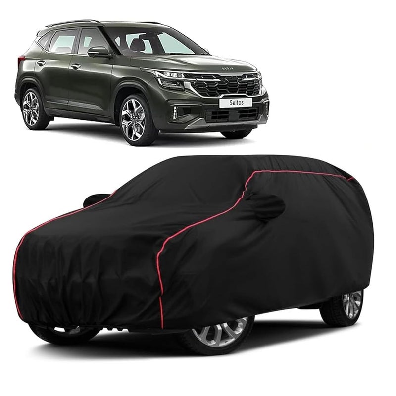sulfar 100% Water Resistant Car Body Cover Compatible with Mirror for Kia Seltos (Triple Stitched, Full Bottom Elastic, Black with Red Piping) - Image 1