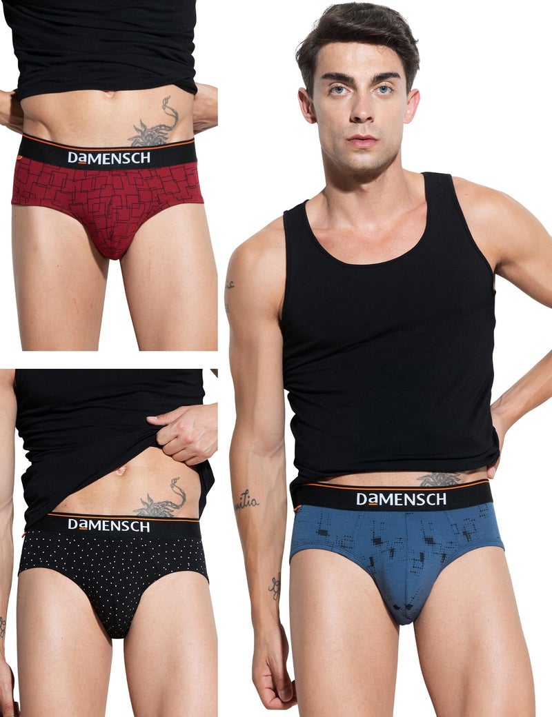 DAMENSCH Men's Deo-Cotton Deodorizing Brief- Pack of 3- Marbled Blue, Spotted Black, Snapping Red- Large - Image 1