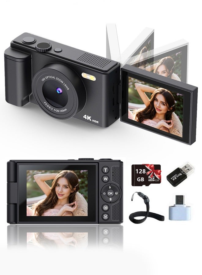 ماكرايستورم كاميرا رقمية 4K لالتقاط الصور - كاميرا تصوير مدونات بتركيز تلقائي 64 ميجابكسل - شاشة قابلة للتدوير 180 درجة - تكبير رقمي 18x - تسجيل فيديو 4K - بطاقة SD 128 جيجابايت - Image 1