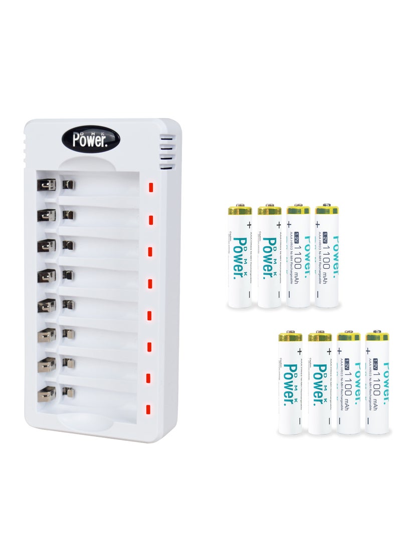 DMK Power Rechargeable AAA Batteries, 8 Pack of 1100mAh High Capacity Low Self Discharge Ni-MH Double A Batteries with Smart 8 Bay Battery Charger (USB Fast Charging, Independent Slot)- (TC-Q8+AAAx8) - Image 1