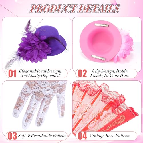 JaGely 12 Pcs Tea Party Fascinator Set Flower Mesh Ribbons Feathers Tea Party Hats for Girls with Lace Gloves for Girls Kids (Bright Color) - Image 3