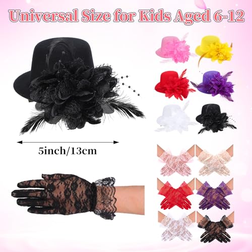 JaGely 12 Pcs Tea Party Fascinator Set Flower Mesh Ribbons Feathers Tea Party Hats for Girls with Lace Gloves for Girls Kids (Bright Color) - Image 2