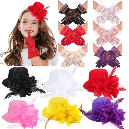 JaGely 12 Pcs Tea Party Fascinator Set Flower Mesh Ribbons Feathers Tea Party Hats for Girls with Lace Gloves for Girls Kids (Bright Color) - Image 1