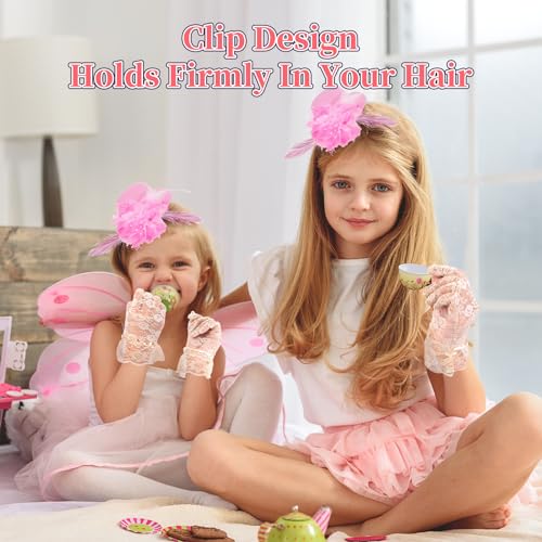 JaGely 12 Pcs Tea Party Fascinator Set Flower Mesh Ribbons Feathers Tea Party Hats for Girls with Lace Gloves for Girls Kids (Bright Color) - Image 4