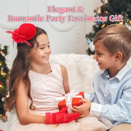 JaGely 12 Pcs Tea Party Fascinator Set Flower Mesh Ribbons Feathers Tea Party Hats for Girls with Lace Gloves for Girls Kids (Bright Color) - Image 5