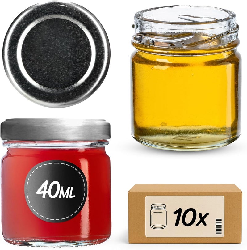 KADAX Preserving jars, 40 ml, mini preserving jars, spice jars with screw lids, jars, sample jars, jam jars, mini honey jars, round jars (pack of 10, silver lids) - Image 1