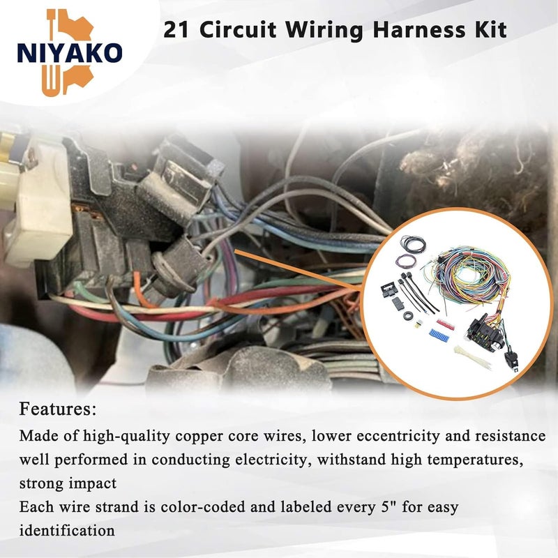 Niyako 21 Circuit Long Wires Standard Color Wiring Harness Kit for Chevy Hotrods Ratrods Universal - Image 2