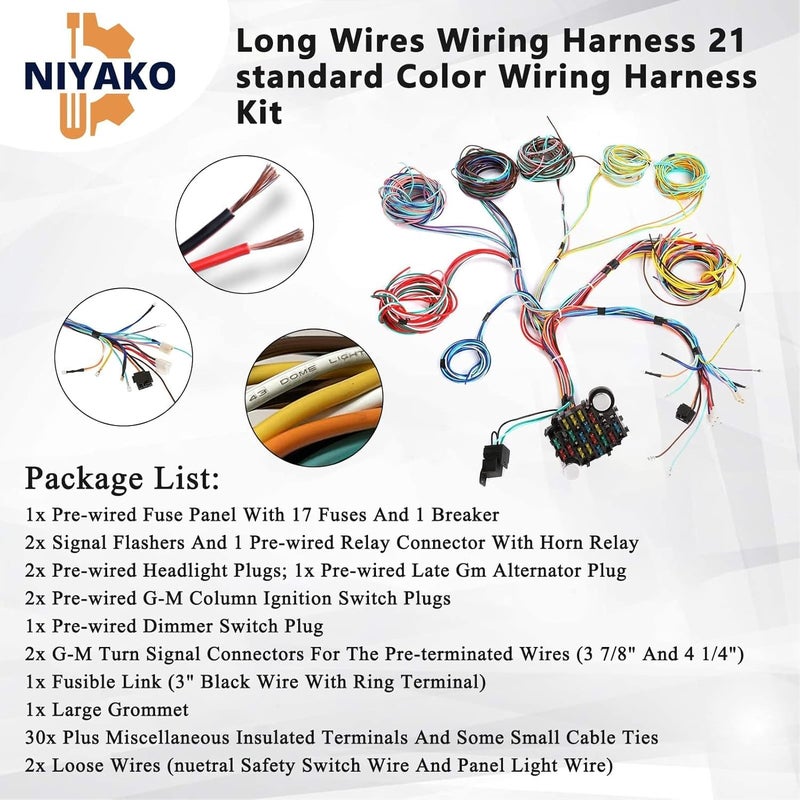 Niyako 21 Circuit Long Wires Standard Color Wiring Harness Kit for Chevy Hotrods Ratrods Universal - Image 4