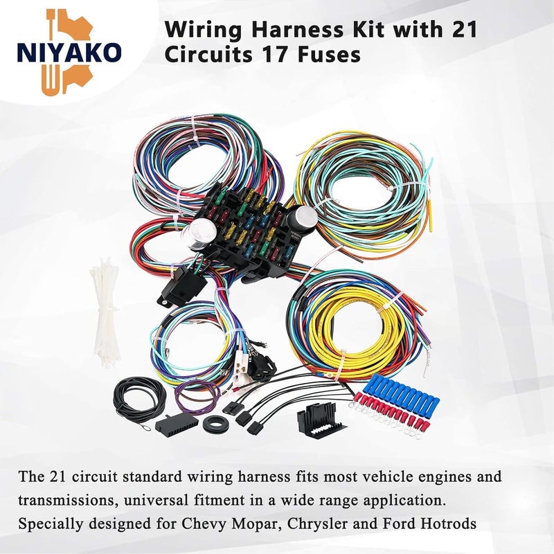 Niyako 21 Circuit Long Wires Standard Color Wiring Harness Kit for Chevy Hotrods Ratrods Universal - Image 3