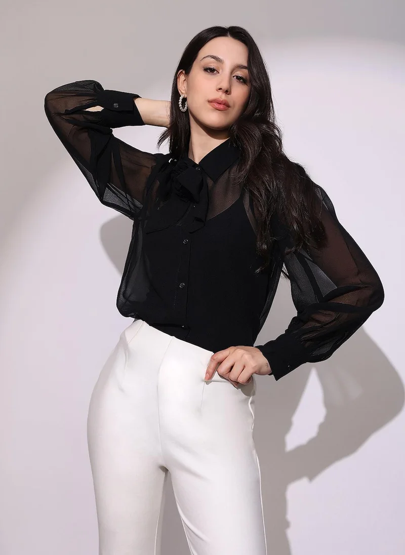 globus Globus Women Black Bow Detail Collared Neck Cuffed Sleeves Curved Hem Georgette Sheer Party Shirt