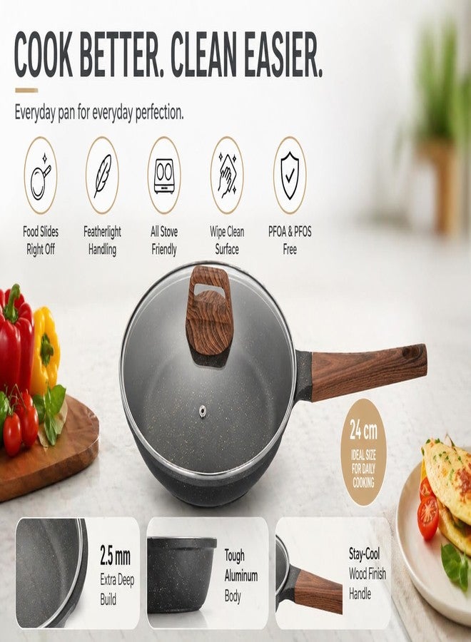 Dkriva® Granite Non Stick Fry Pan 24cm with Lid Induction Compatible Cookware Detachable Handle Aluminium Kitchen Pan Durable Frying Pan for Daily Cooking Black - Image 5
